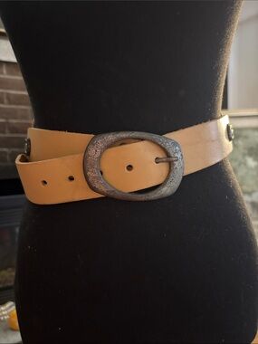 Women's Tan Leather Belt with Antique Oval Buckle